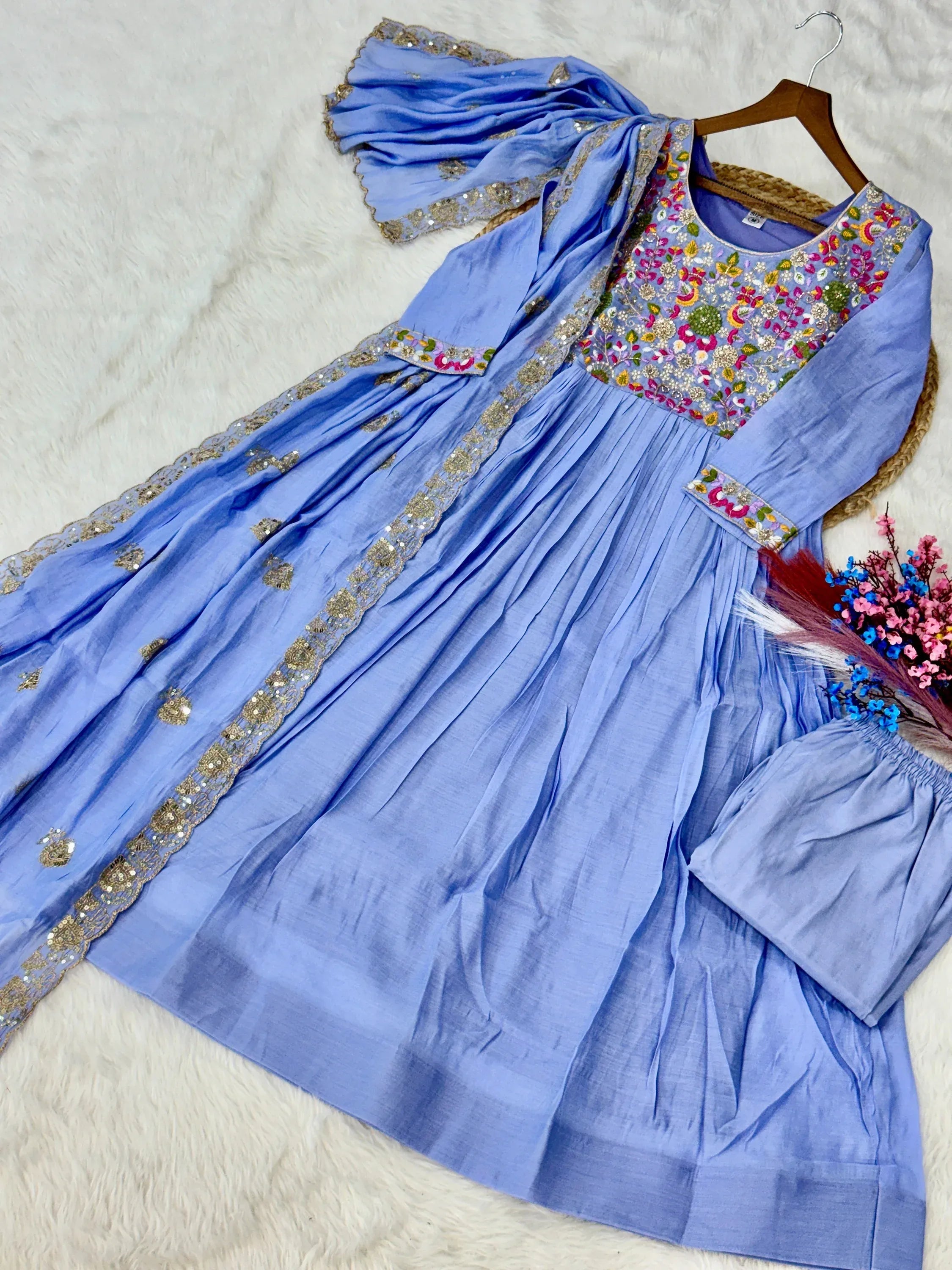 Charming Sky Blue Bead Work Chanderi Event Wear Anarkali Pant Suit