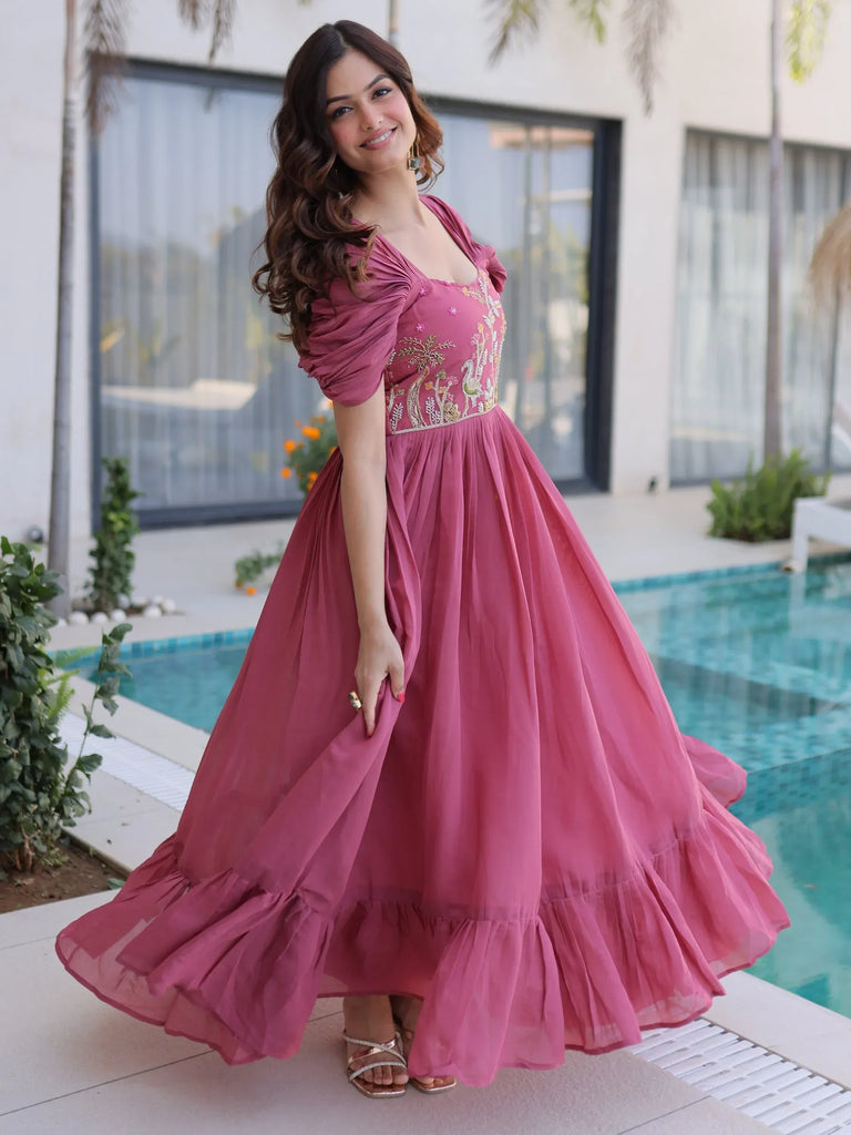 Stupendous Rose Pink Bead Work Chanderi Bridesmaid Dress