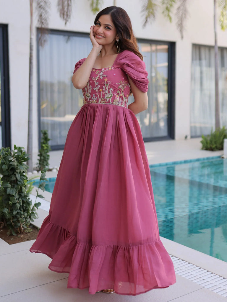 Stupendous Rose Pink Bead Work Chanderi Bridesmaid Dress