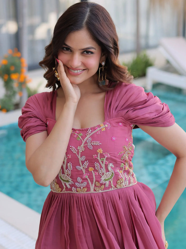 Stupendous Rose Pink Bead Work Chanderi Bridesmaid Dress