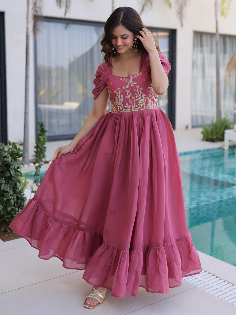 Stupendous Rose Pink Bead Work Chanderi Bridesmaid Dress