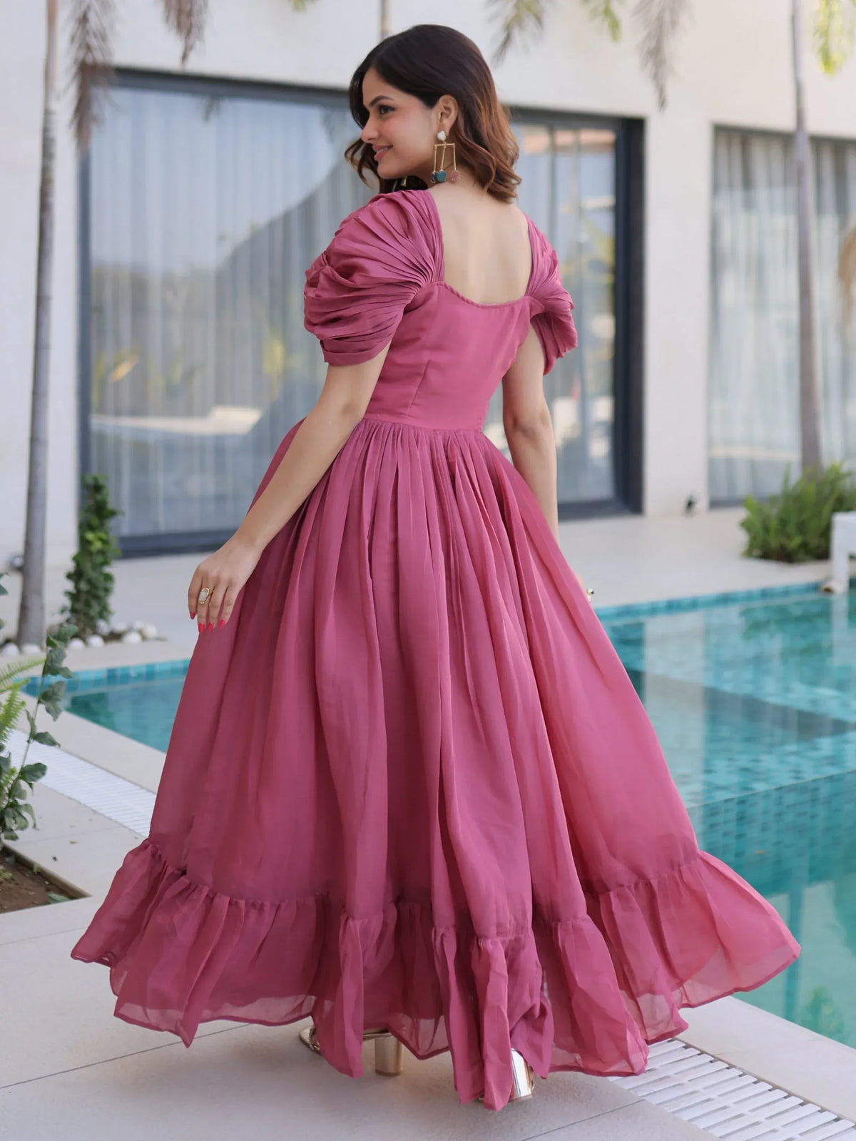 Stupendous Rose Pink Bead Work Chanderi Bridesmaid Dress
