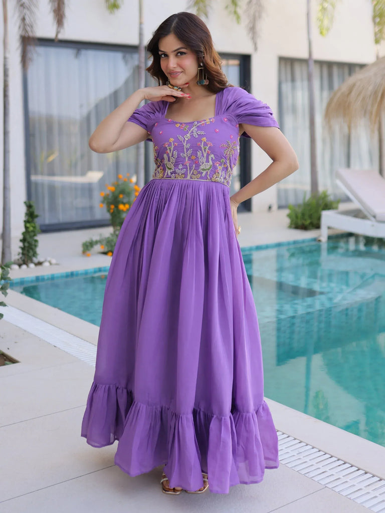 Notable Purple Bead Work Chanderi Festive Wear Dress