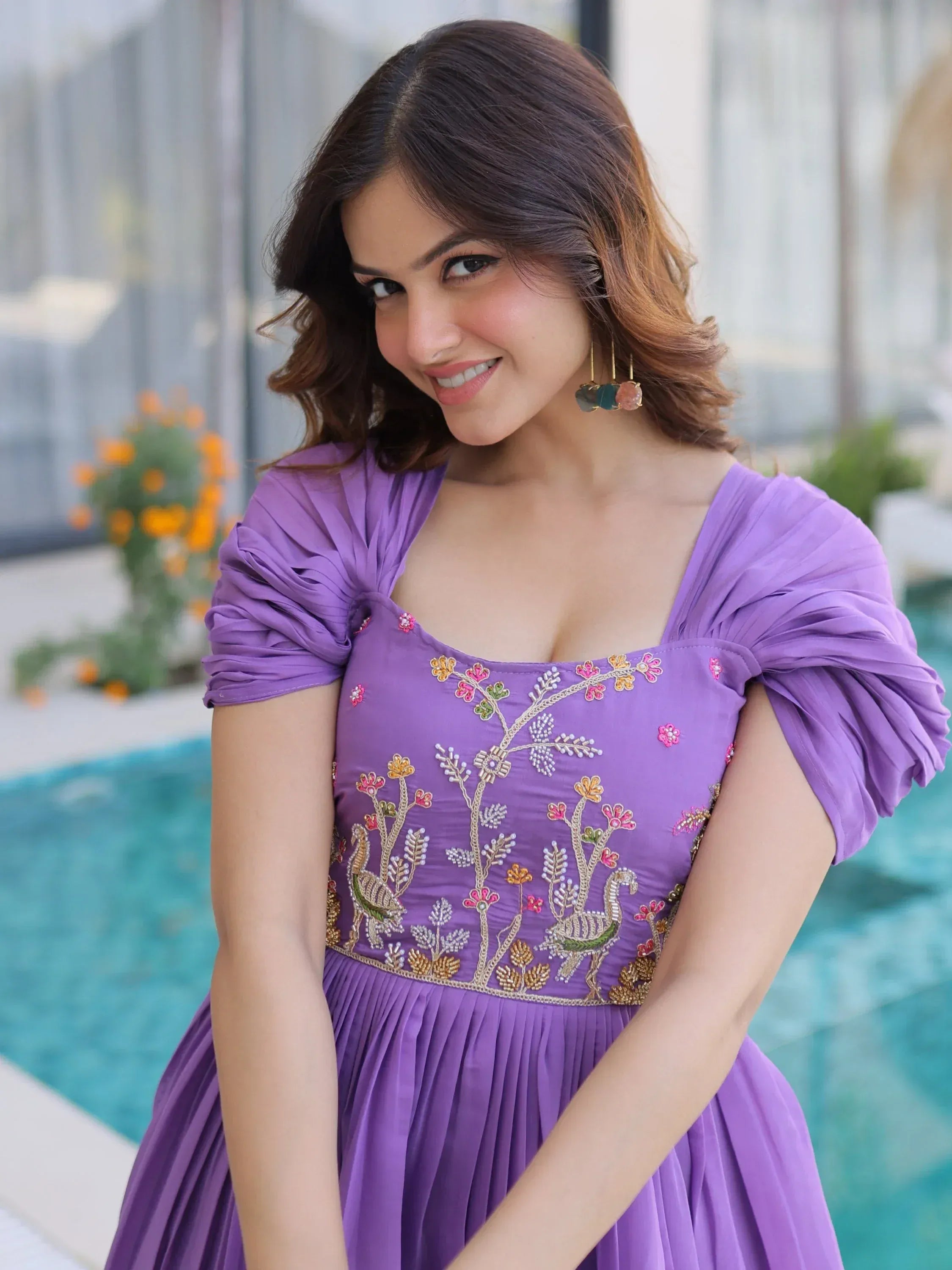 Notable Purple Bead Work Chanderi Festive Wear Dress