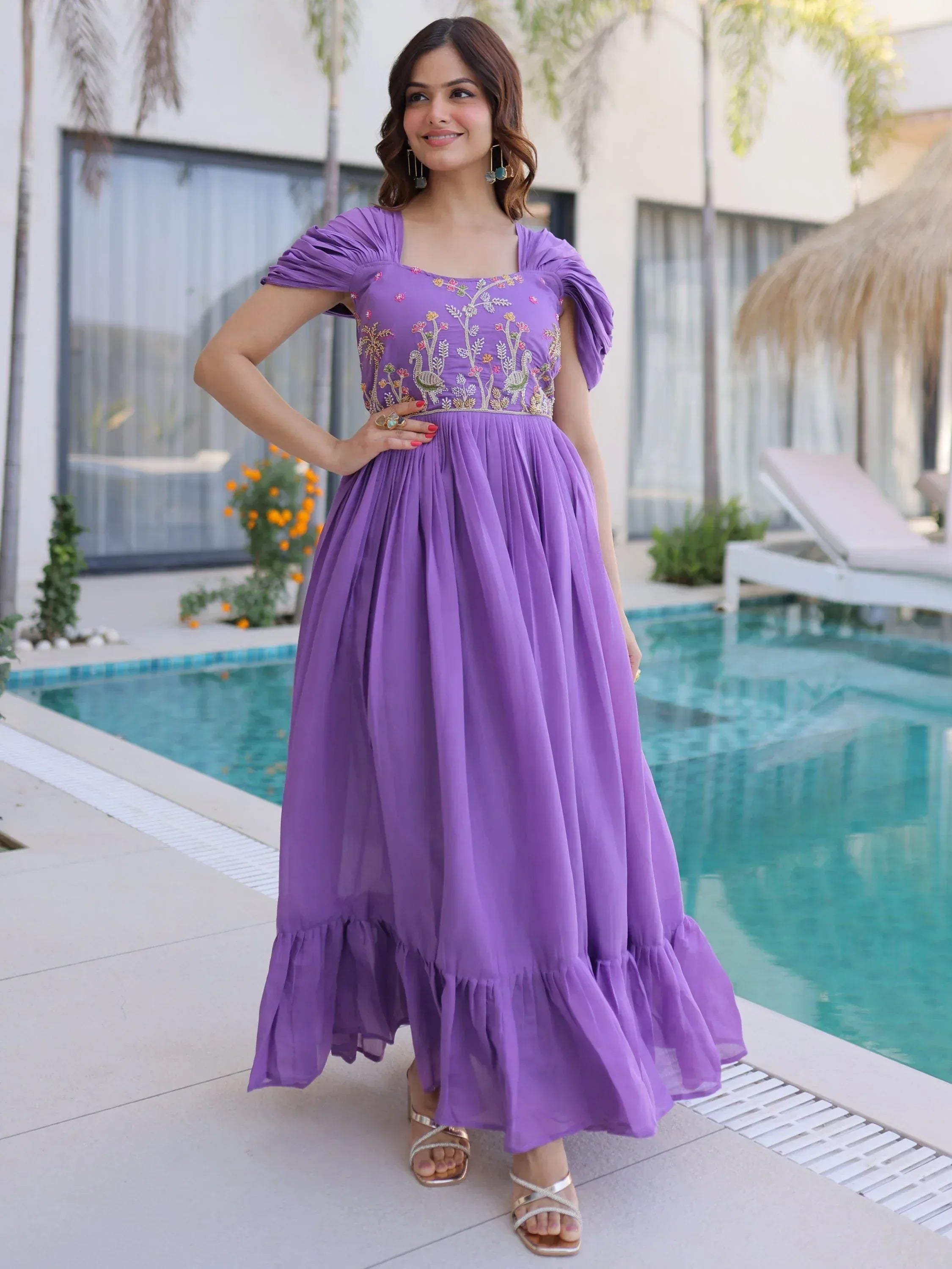 Notable Purple Bead Work Chanderi Festive Wear Dress