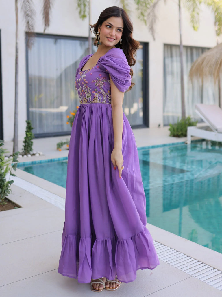 Notable Purple Bead Work Chanderi Festive Wear Dress