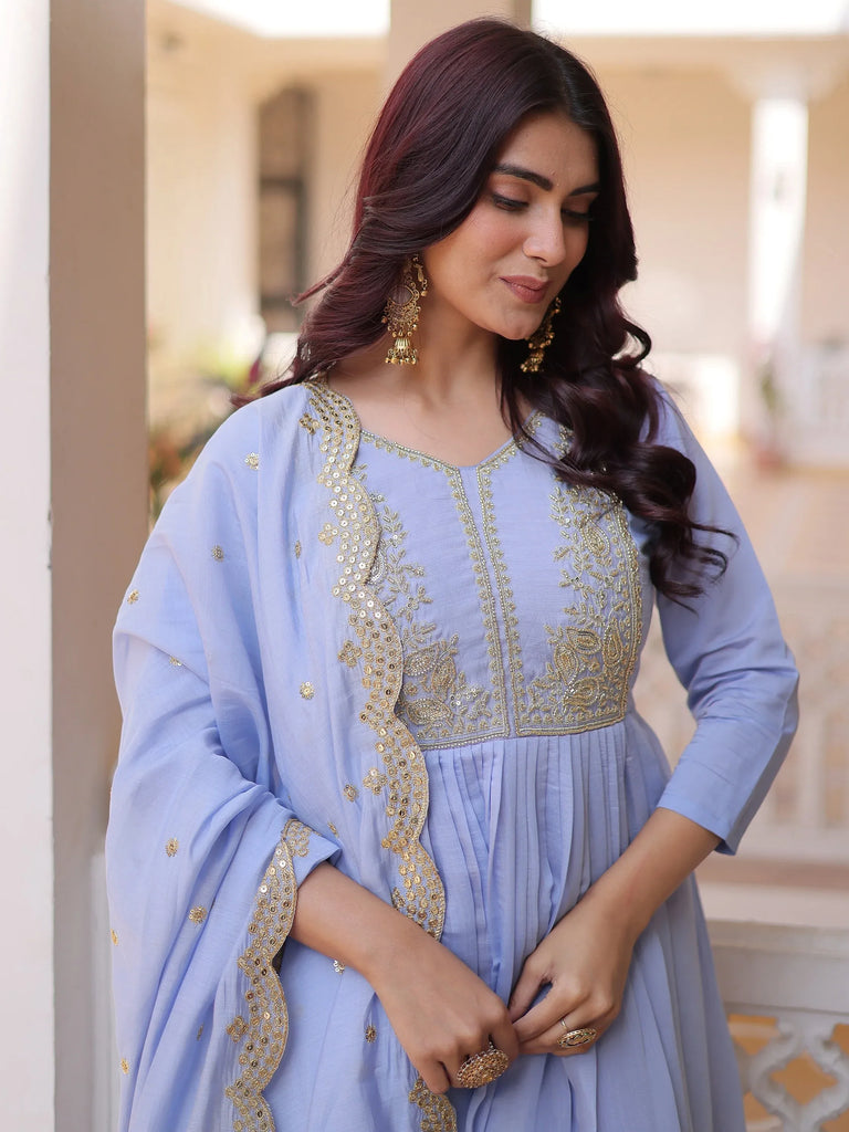 Awesome Sky Blue Bead Embroidered Chanderi Event Wear Salwar Kameez