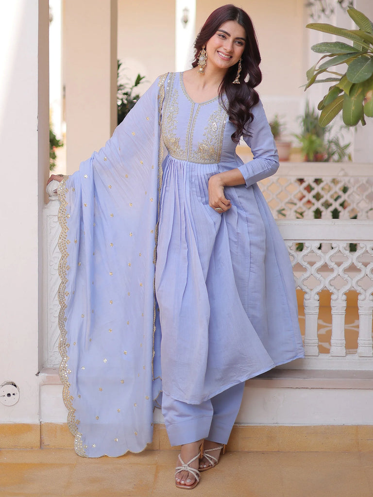 Awesome Sky Blue Bead Embroidered Chanderi Event Wear Salwar Kameez