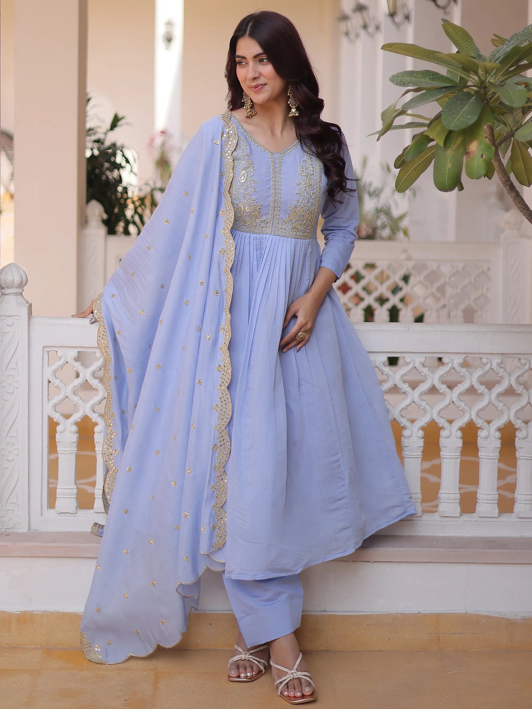 Awesome Sky Blue Bead Embroidered Chanderi Event Wear Salwar Kameez