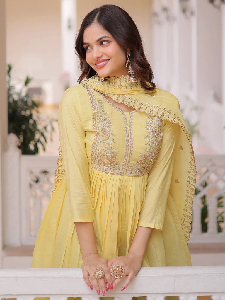 Superb Yellow Bead Embroidered Chanderi Haldi Wear Salwar Kameez