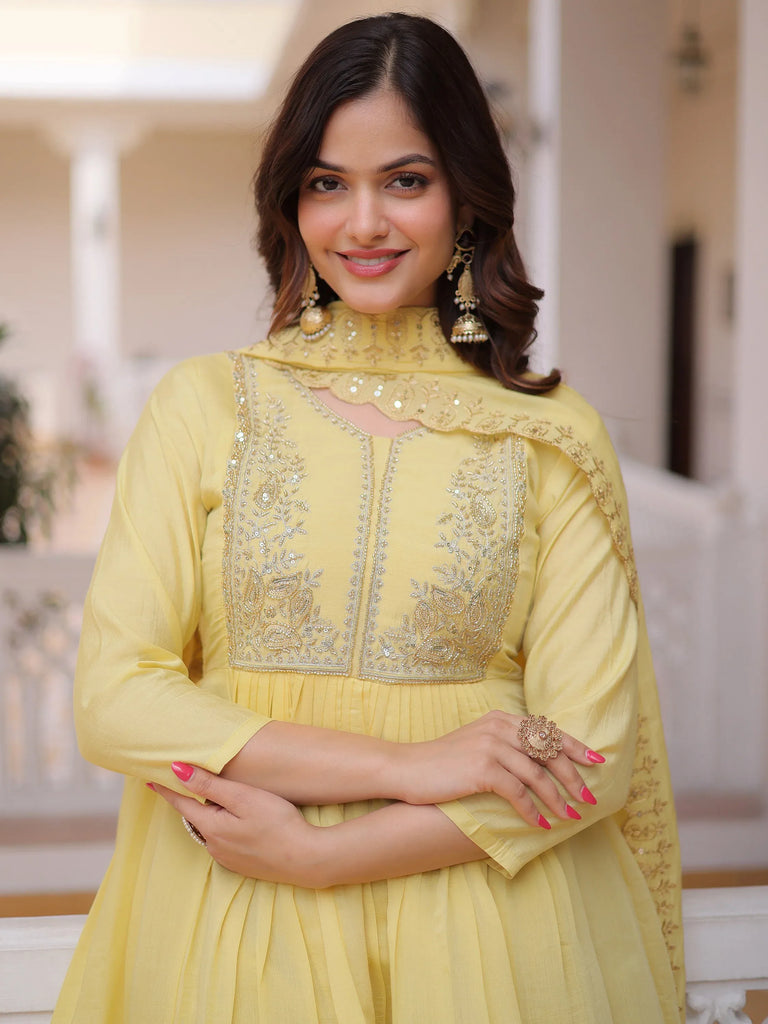 Superb Yellow Bead Embroidered Chanderi Haldi Wear Salwar Kameez