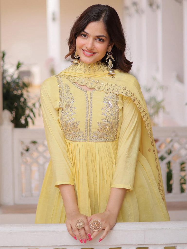 Superb Yellow Bead Embroidered Chanderi Haldi Wear Salwar Kameez
