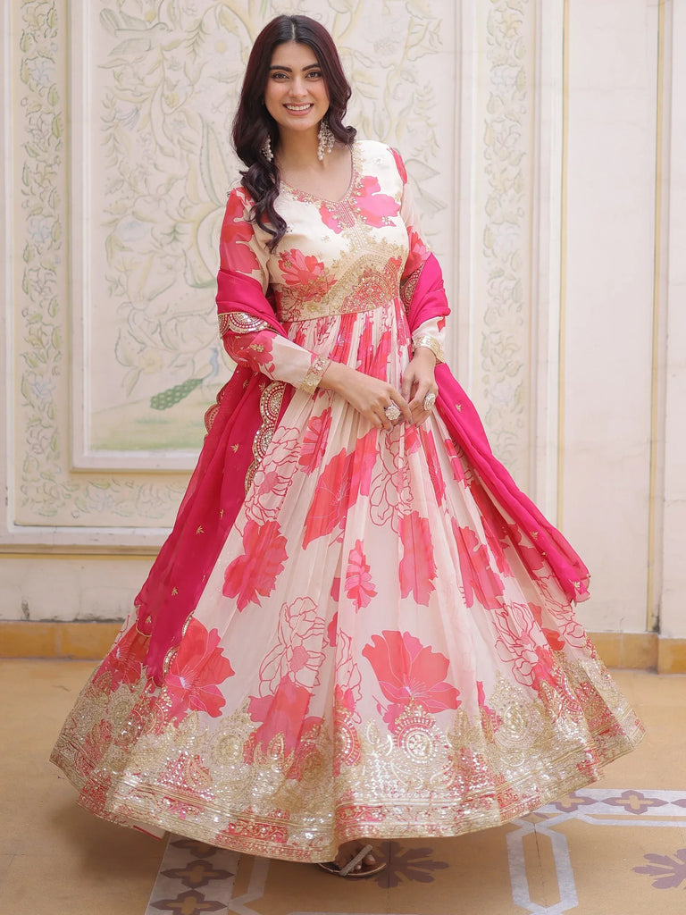 Beautiful Cream Floral Printed Silk Engagement Wear Anarkali Gown