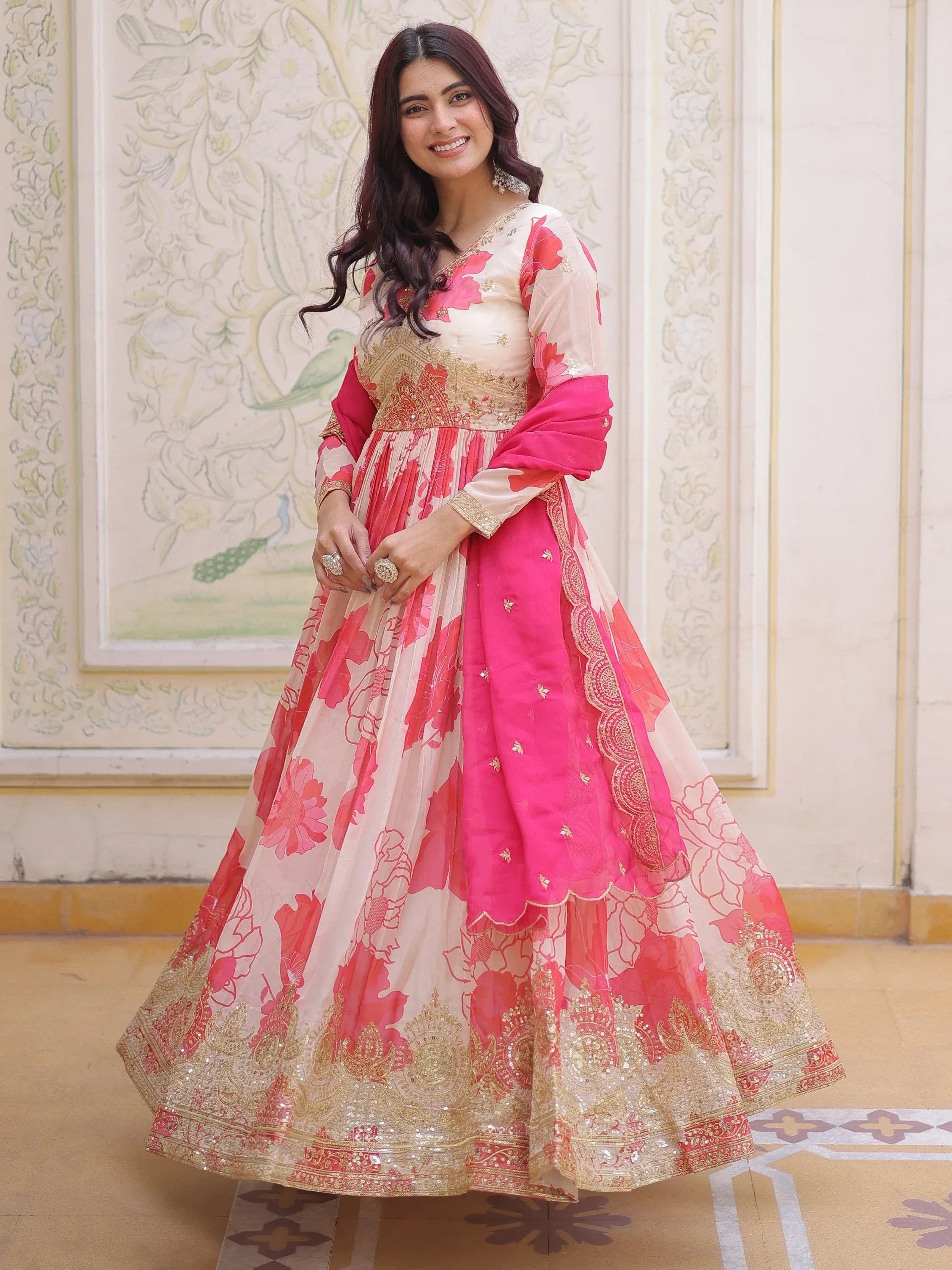 Beautiful Cream Floral Printed Silk Engagement Wear Anarkali Gown