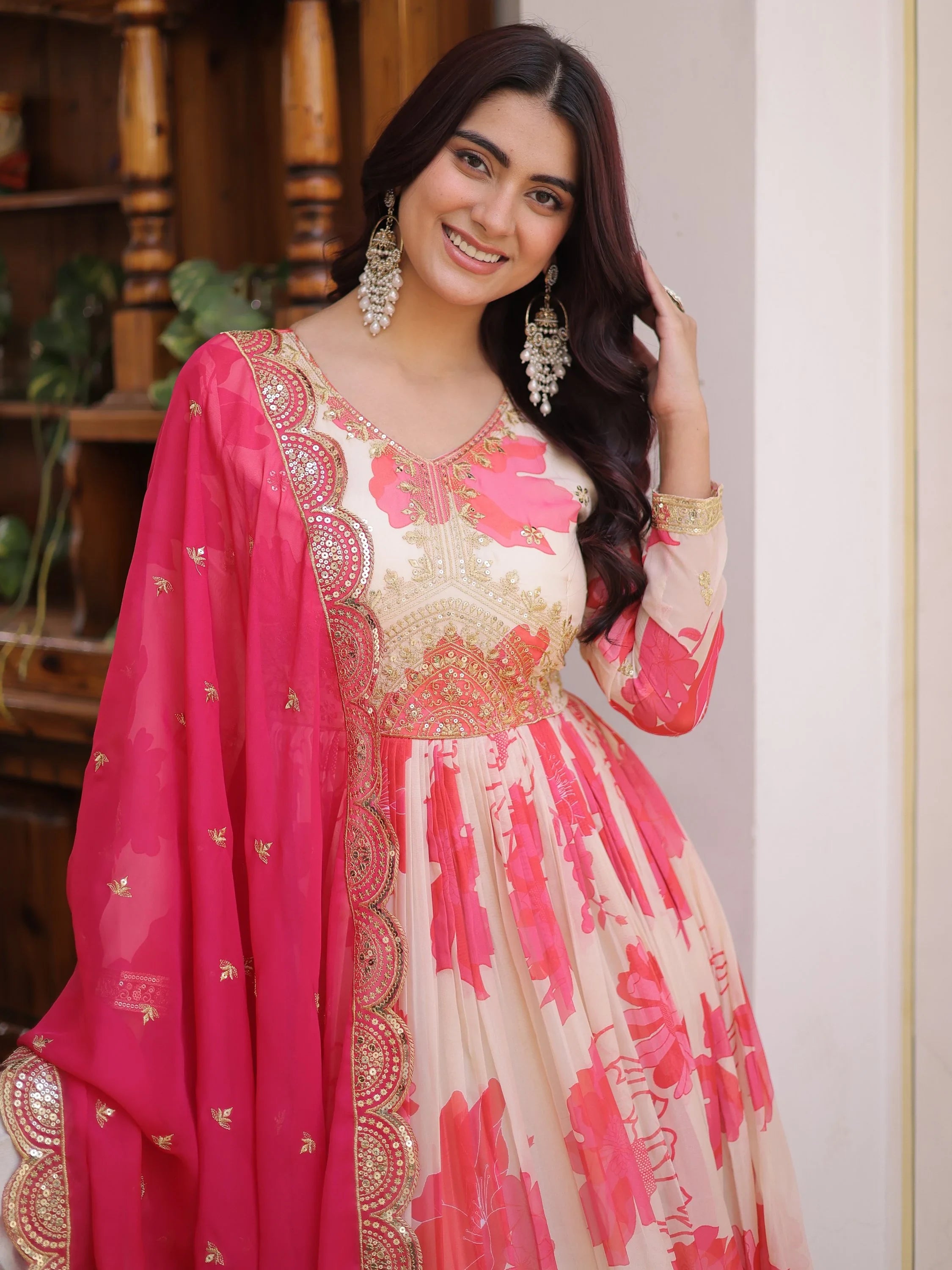 Buy Beautiful Cream Floral Print Silk Anarkali Gown From Ethnic Plus XL