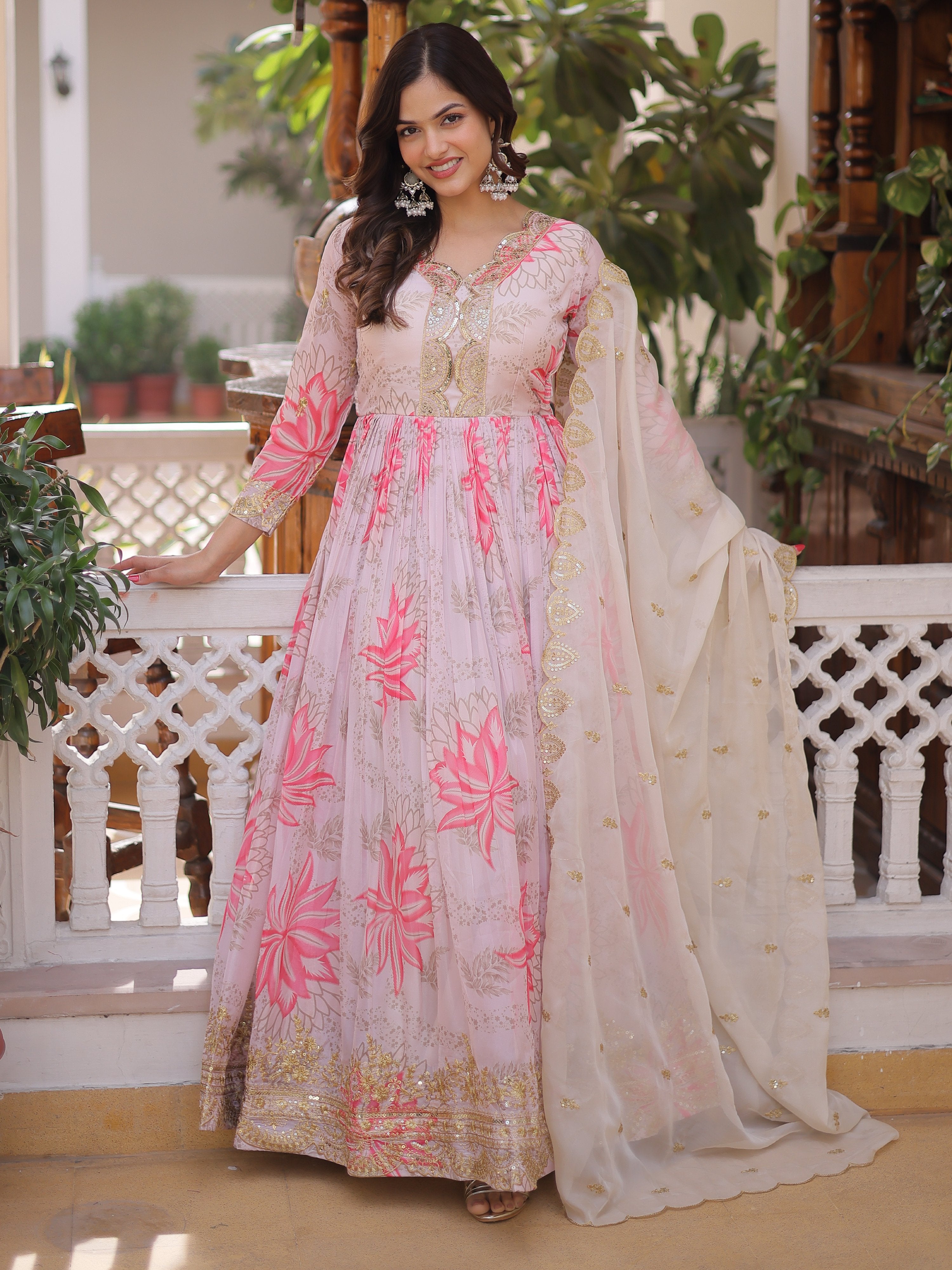 Stupendous Cream Floral Printed Silk Festive Wear Gown With Dupatta