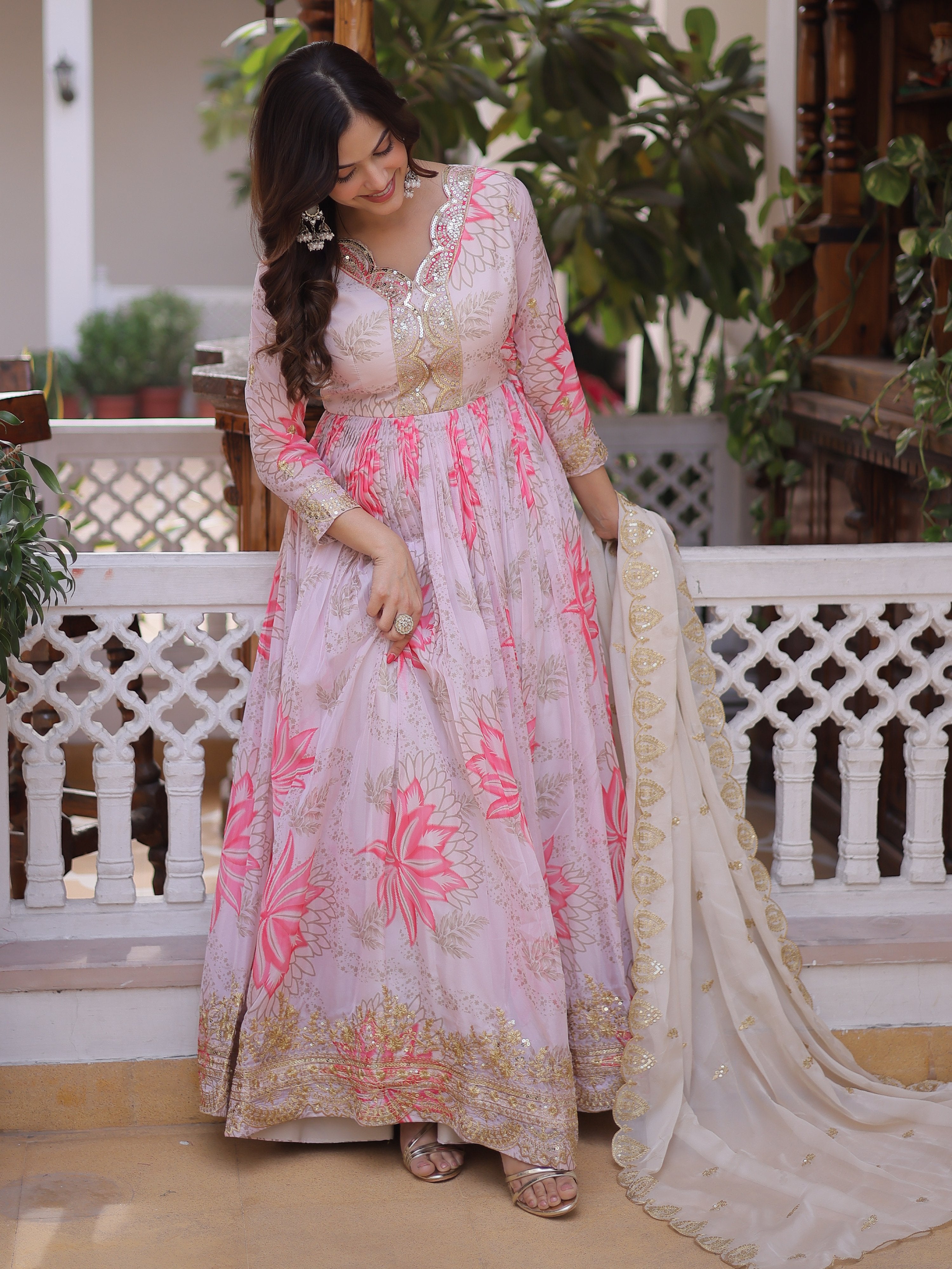 Stupendous Cream Floral Printed Silk Festive Wear Gown With Dupatta