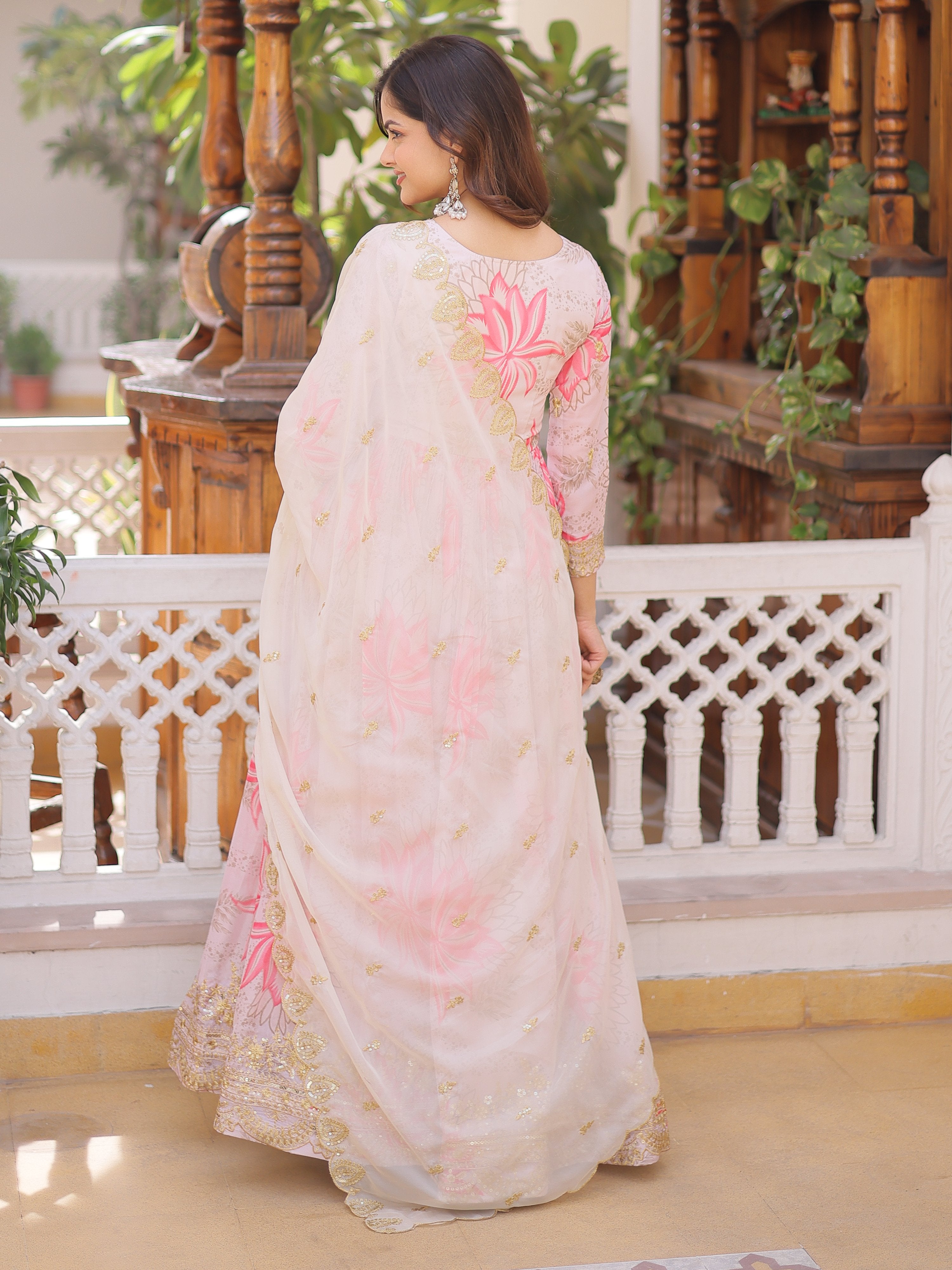Stupendous Cream Floral Printed Silk Festive Wear Gown With Dupatta
