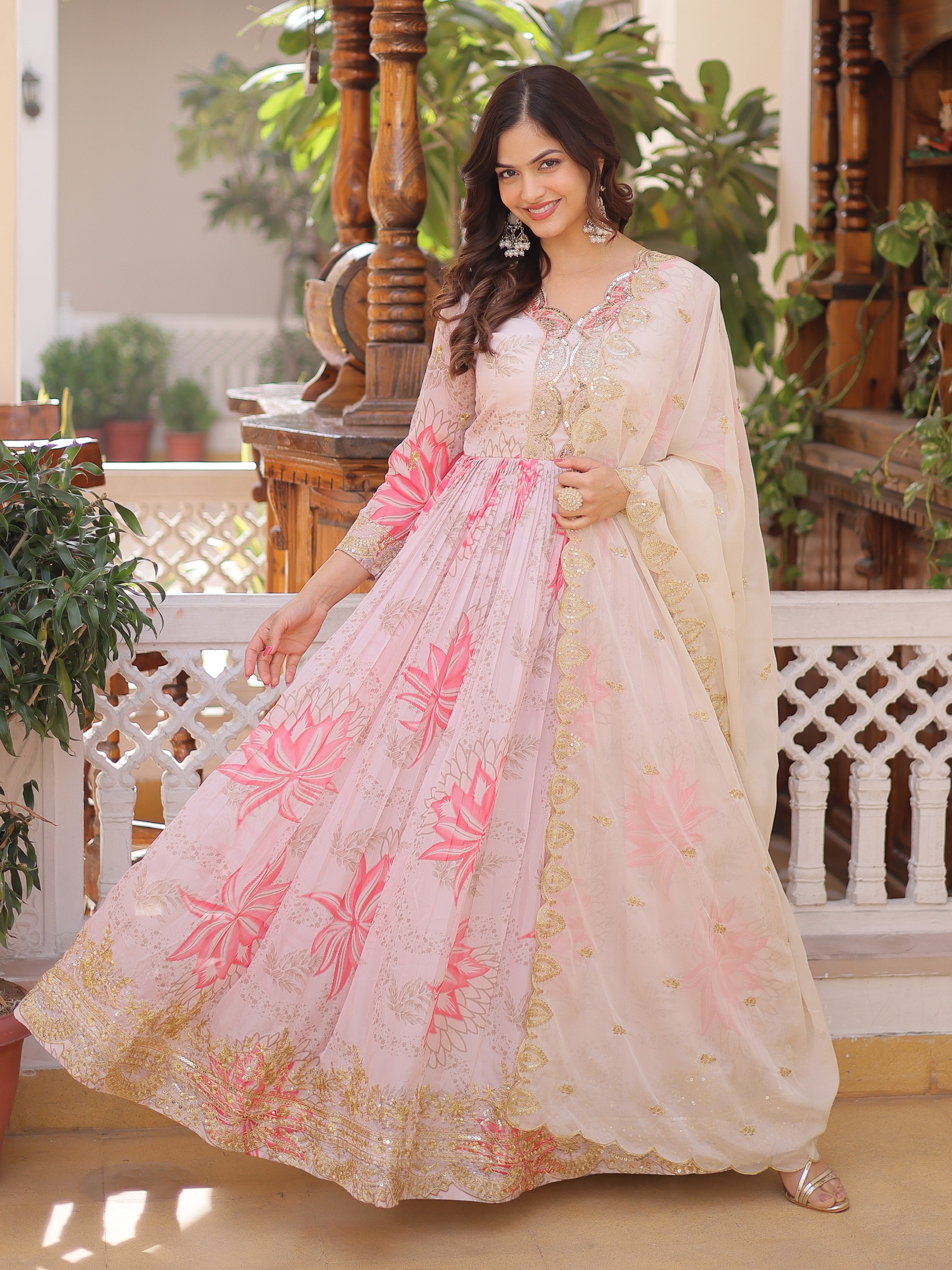 Stupendous Cream Floral Printed Silk Festive Wear Gown With Dupatta