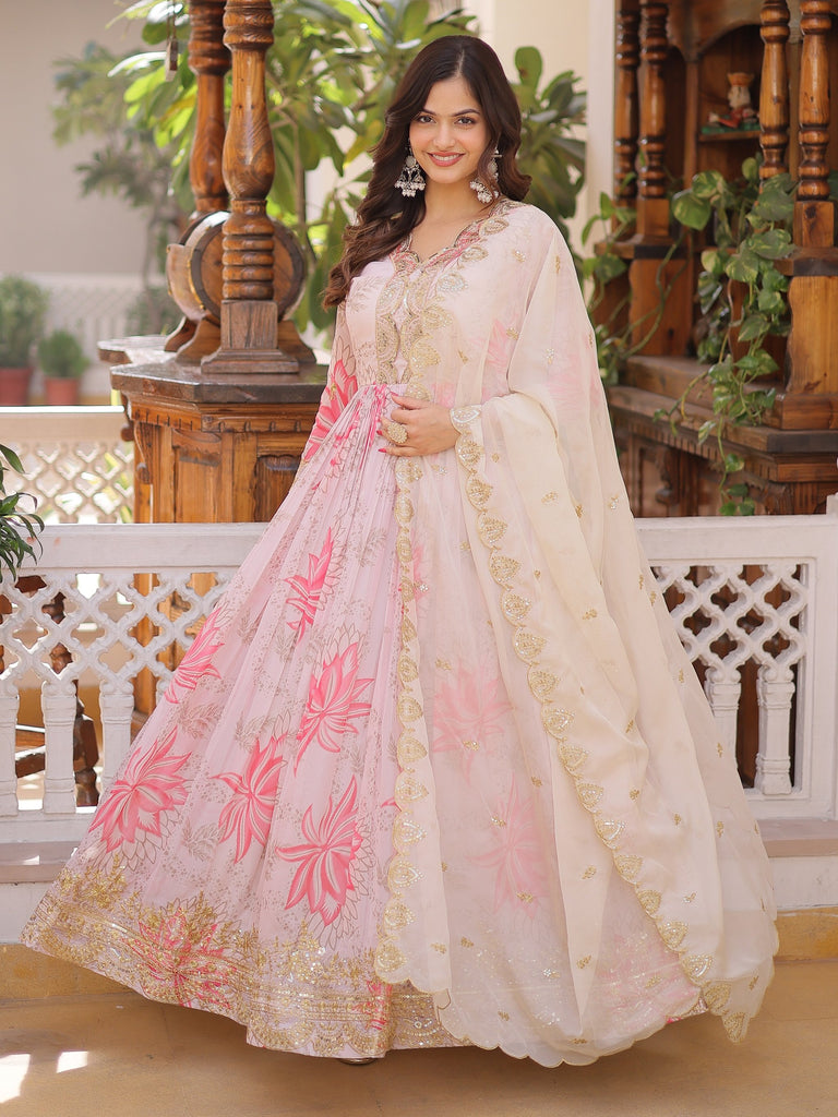 Stupendous Cream Floral Printed Silk Festive Wear Gown With Dupatta