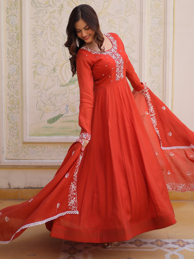 Sweet Rust Orange Bead Work Chanderi Wedding Wear Gown With Dupatta