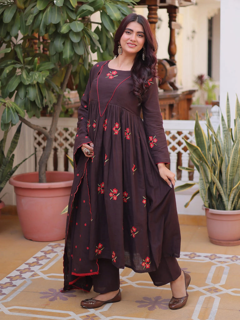 Exclusive Brown Floral Embroidered Cotton Summer Special Pant Suit