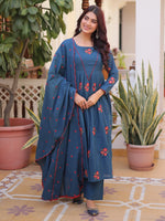 Dazzling Teal Blue Embroidered Cotton Festive Wear Pant Suit