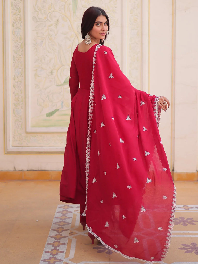 Lovable Red Bead Work Chanderi Engagement Wear Anarkali Pant Suit