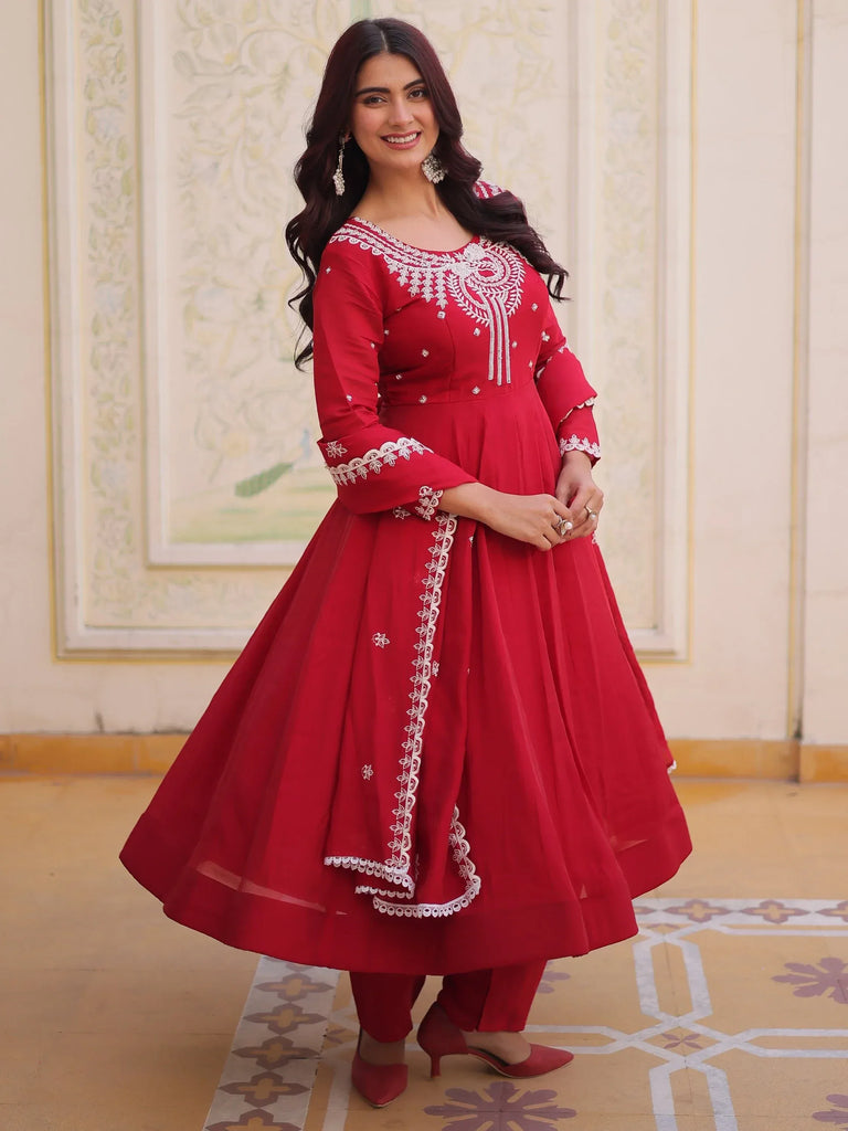 Lovable Red Bead Work Chanderi Engagement Wear Anarkali Pant Suit