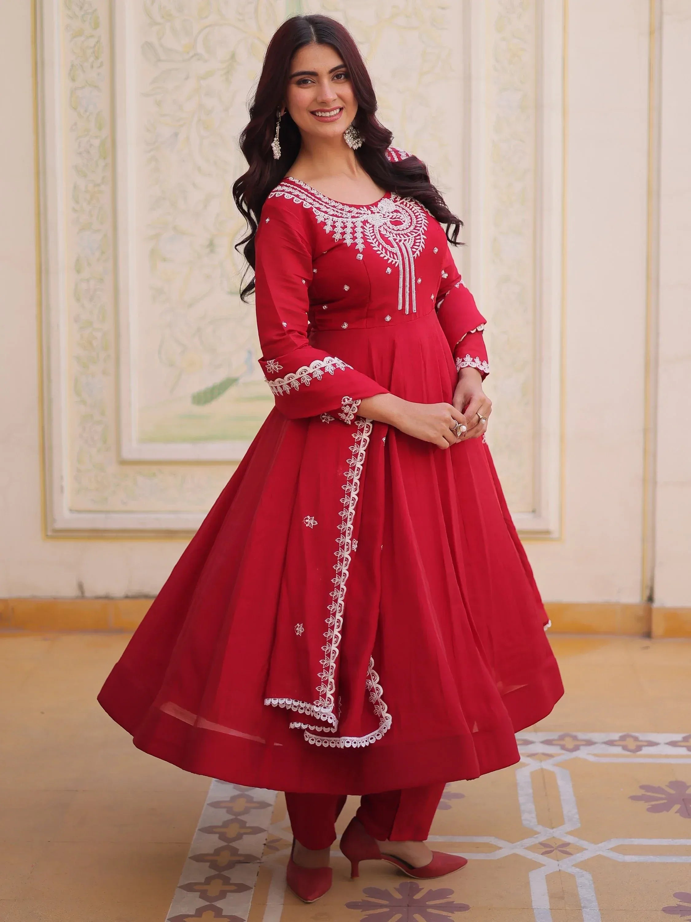 Lovable Red Bead Work Chanderi Engagement Wear Anarkali Pant Suit