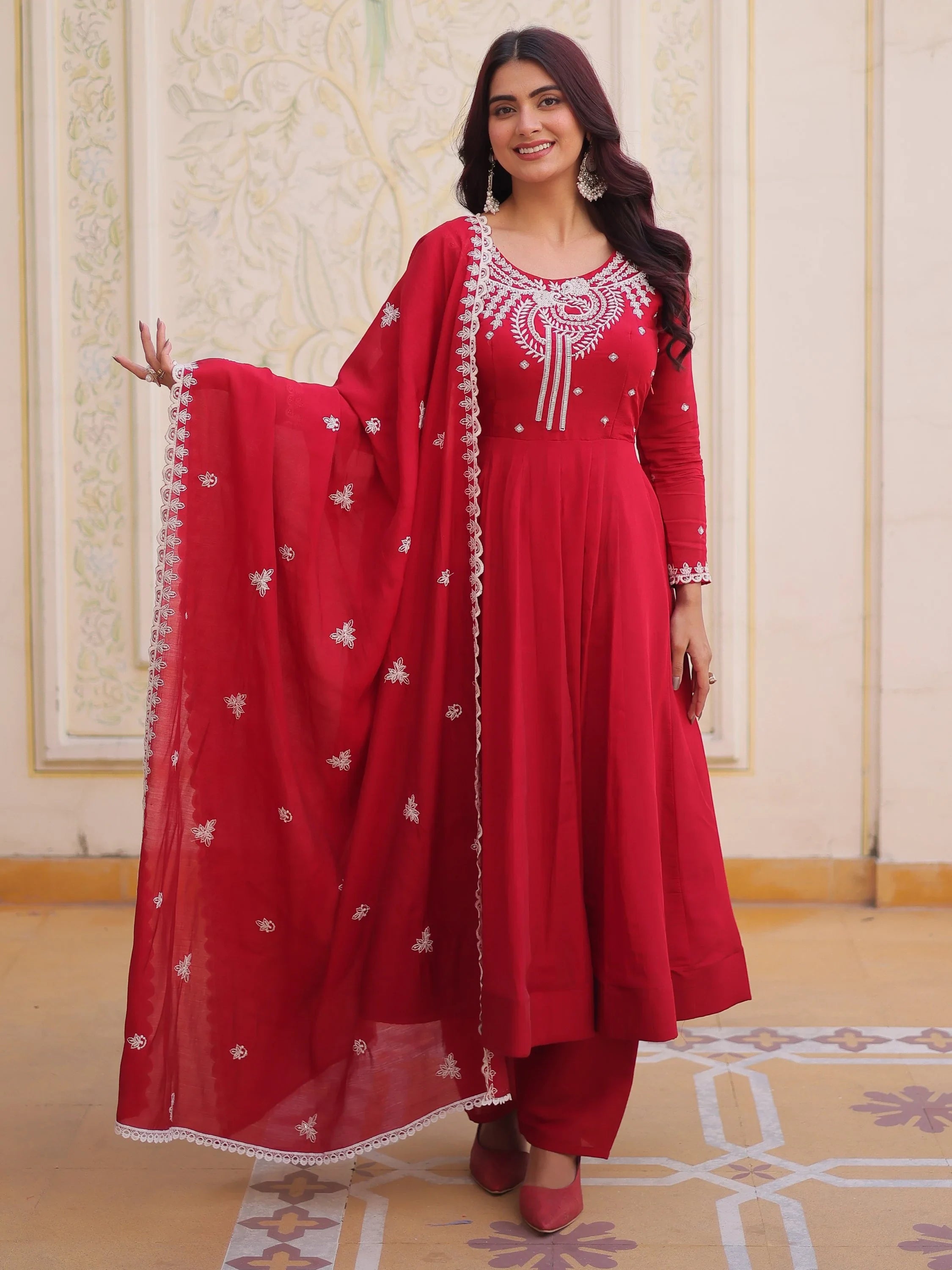 Lovable Red Bead Work Chanderi Engagement Wear Anarkali Pant Suit