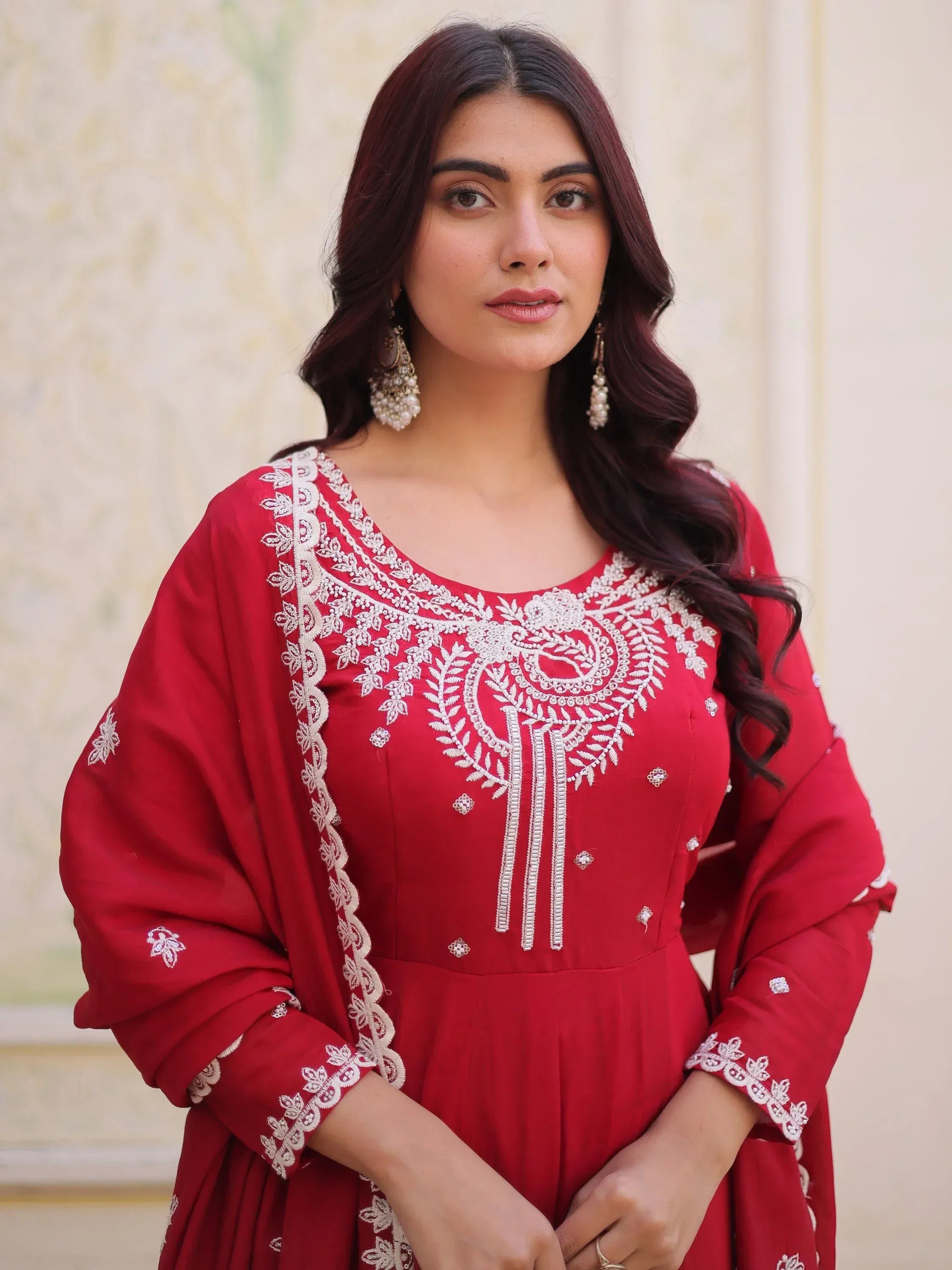 Lovable Red Bead Work Chanderi Engagement Wear Anarkali Pant Suit