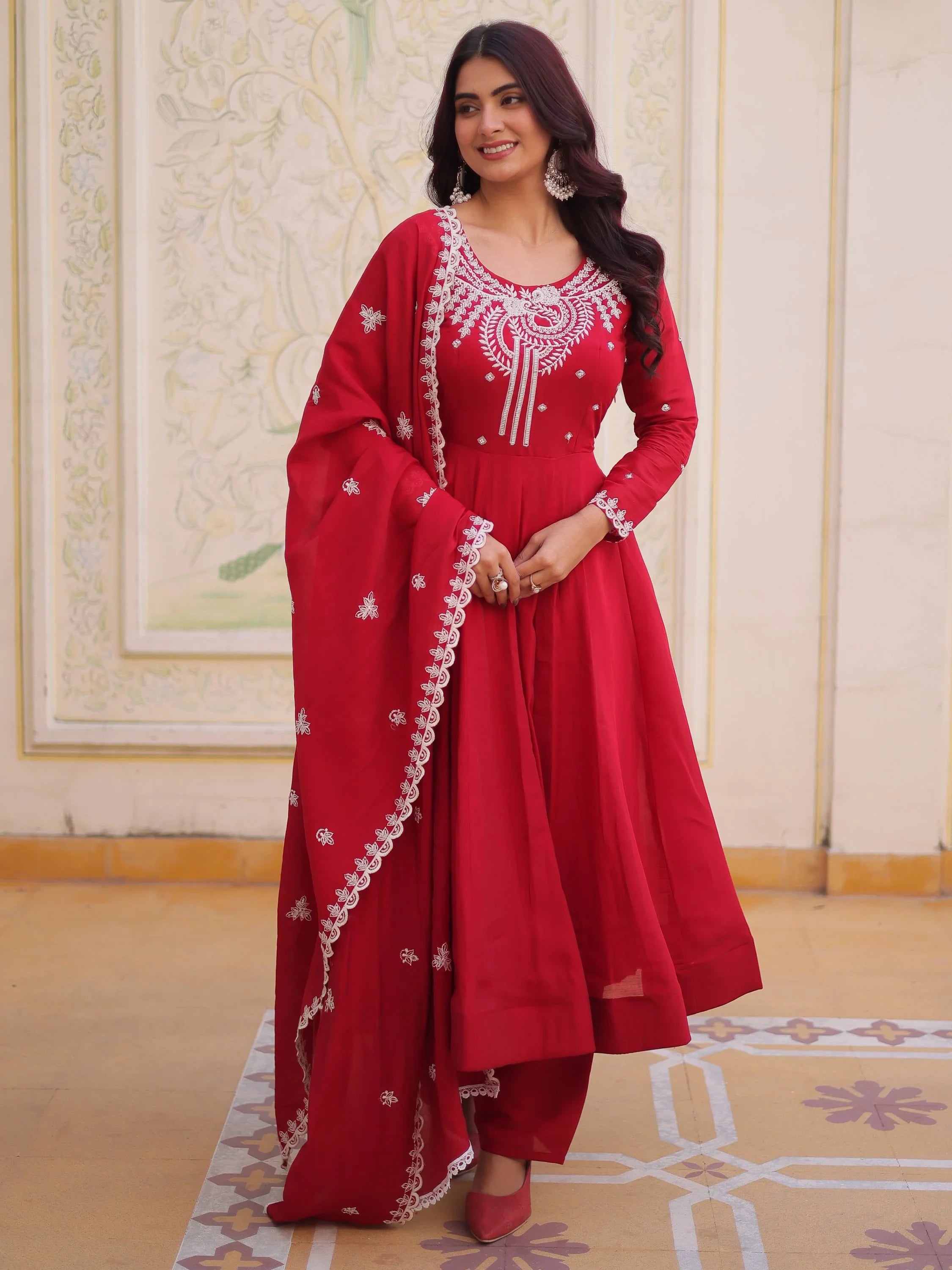 Lovable Red Bead Work Chanderi Engagement Wear Anarkali Pant Suit