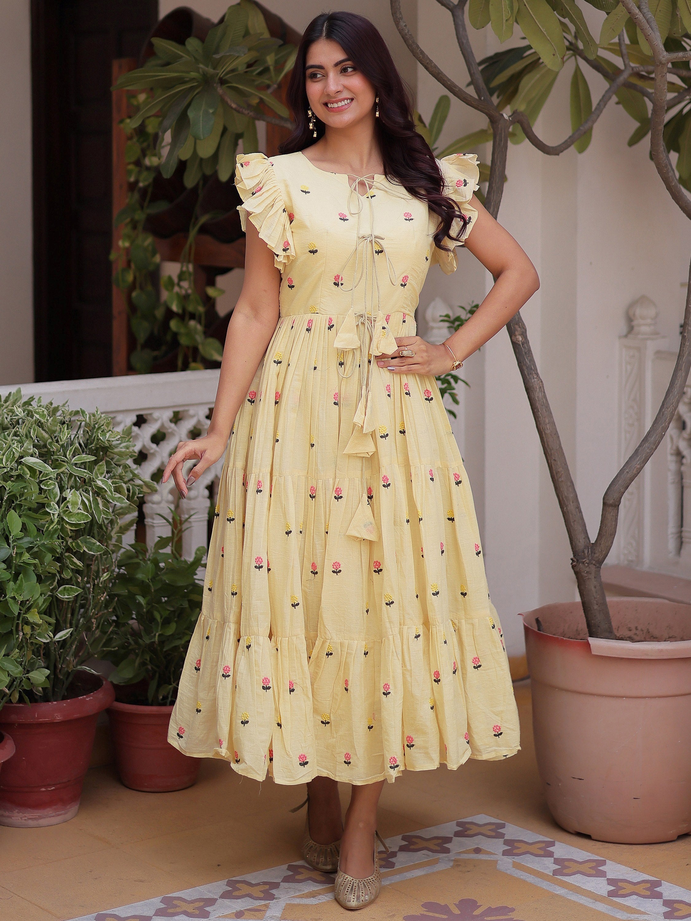 Incredible Cream Embroidered Cotton Daily Wear Dress