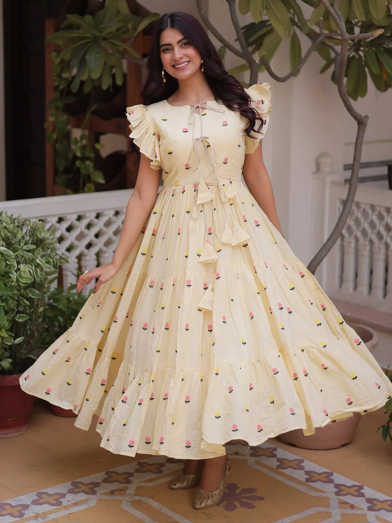 Incredible Cream Embroidered Cotton Daily Wear Dress