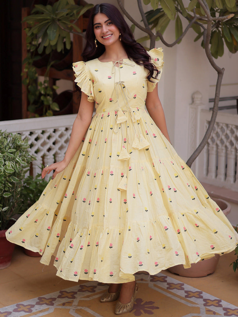 Incredible Cream Embroidered Cotton Daily Wear Dress