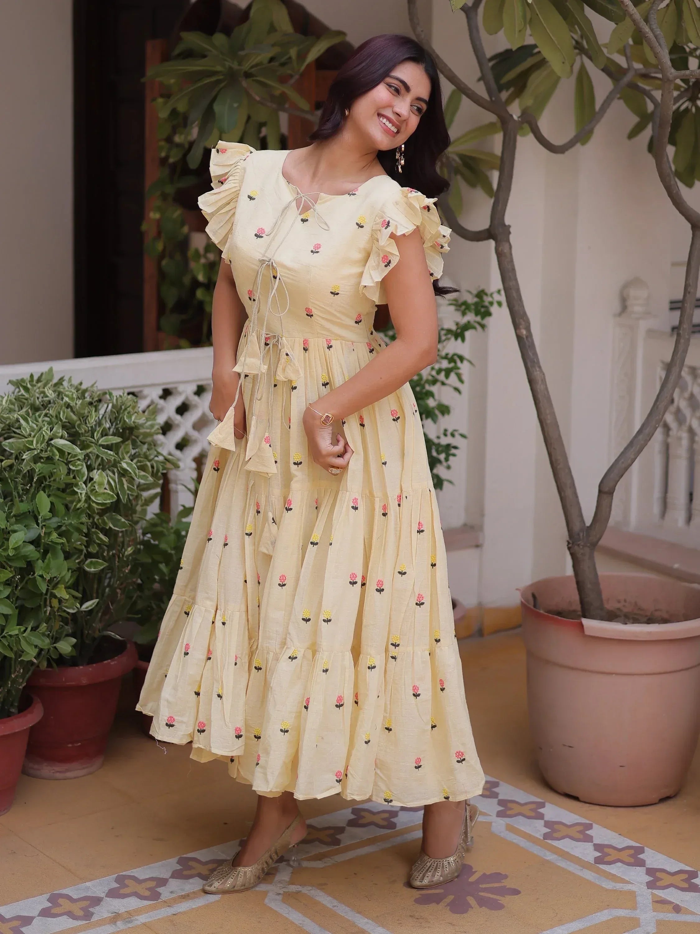 Incredible Cream Embroidered Cotton Daily Wear Dress