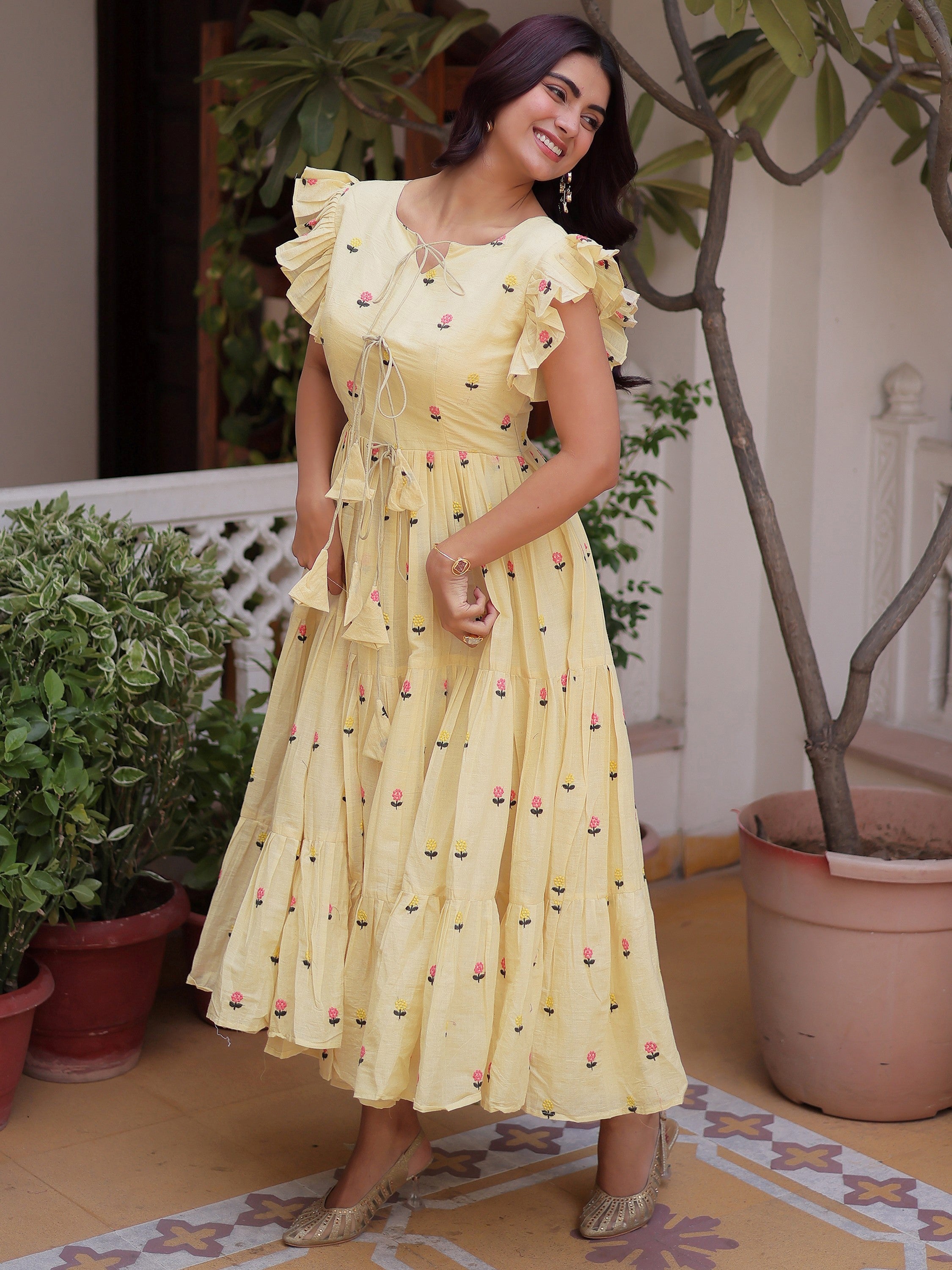 Incredible Cream Embroidered Cotton Daily Wear Dress