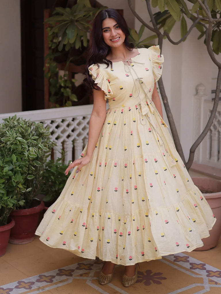 Incredible Cream Embroidered Cotton Daily Wear Dress
