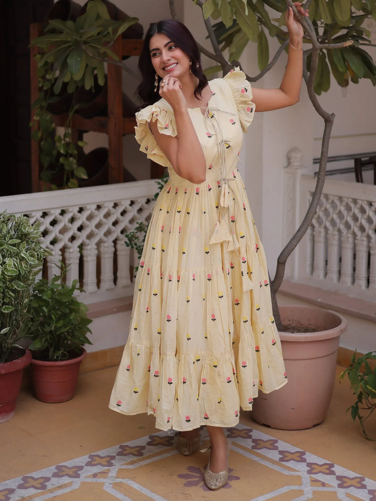 Incredible Cream Embroidered Cotton Daily Wear Dress