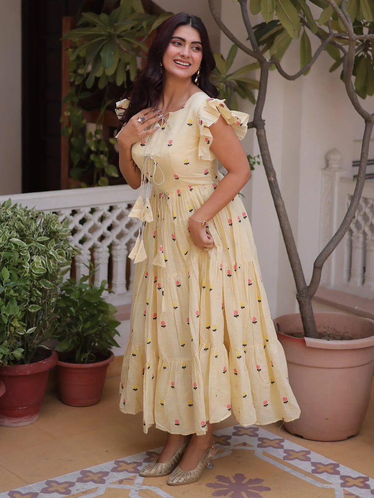 Incredible Cream Embroidered Cotton Daily Wear Dress