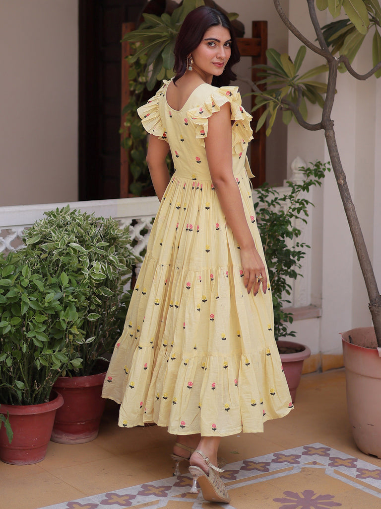 Incredible Cream Embroidered Cotton Daily Wear Dress