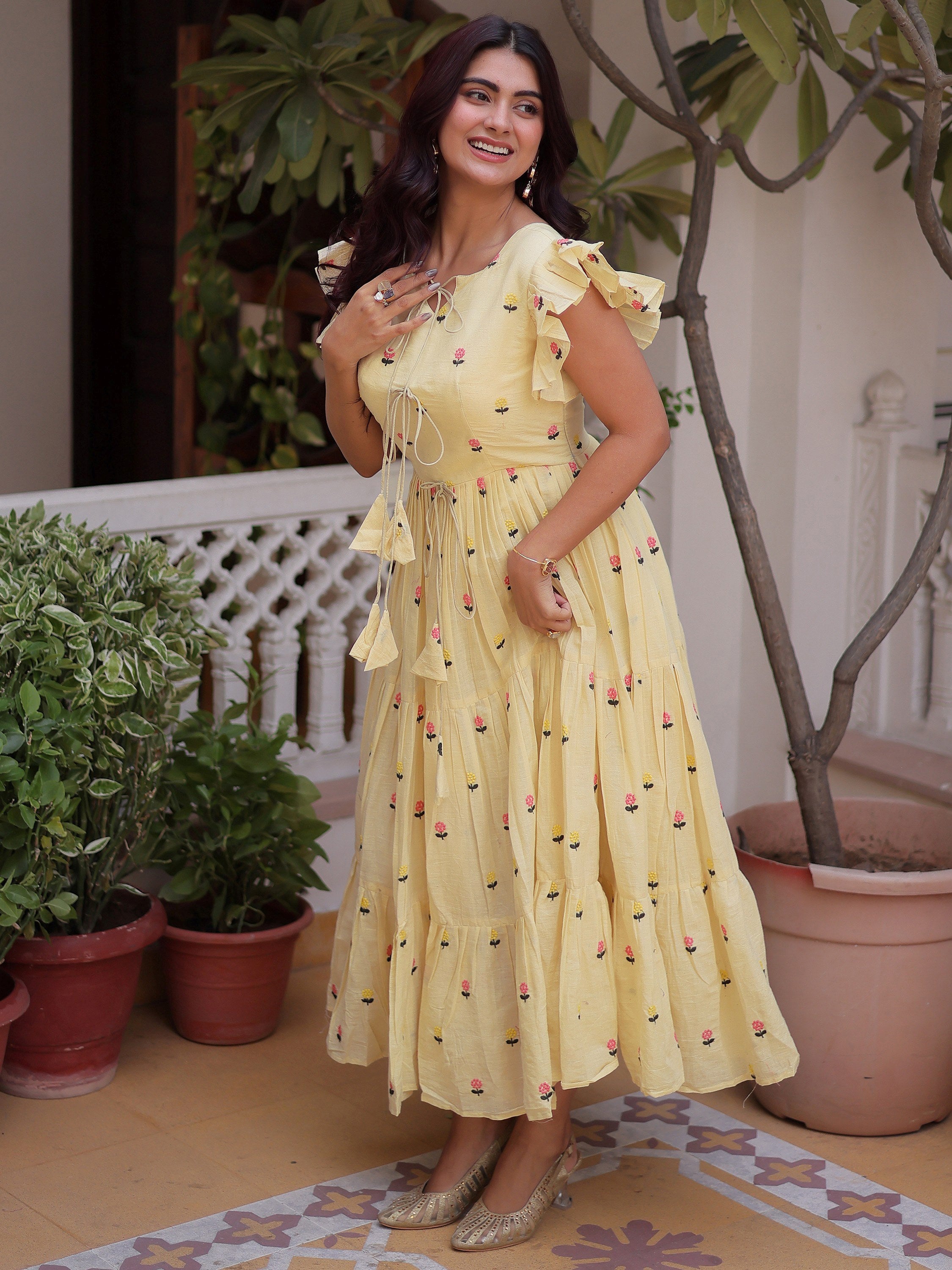 Incredible Cream Embroidered Cotton Daily Wear Dress