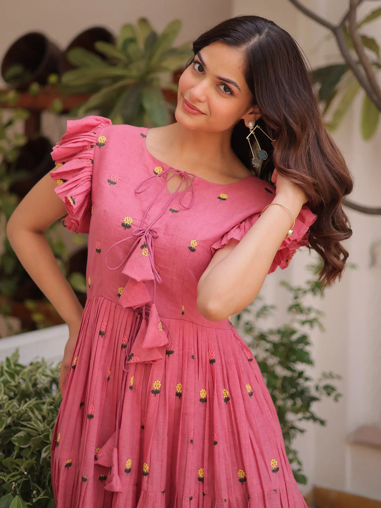 Pretty Pink Floral Embroidered Cotton Office Wear Dress