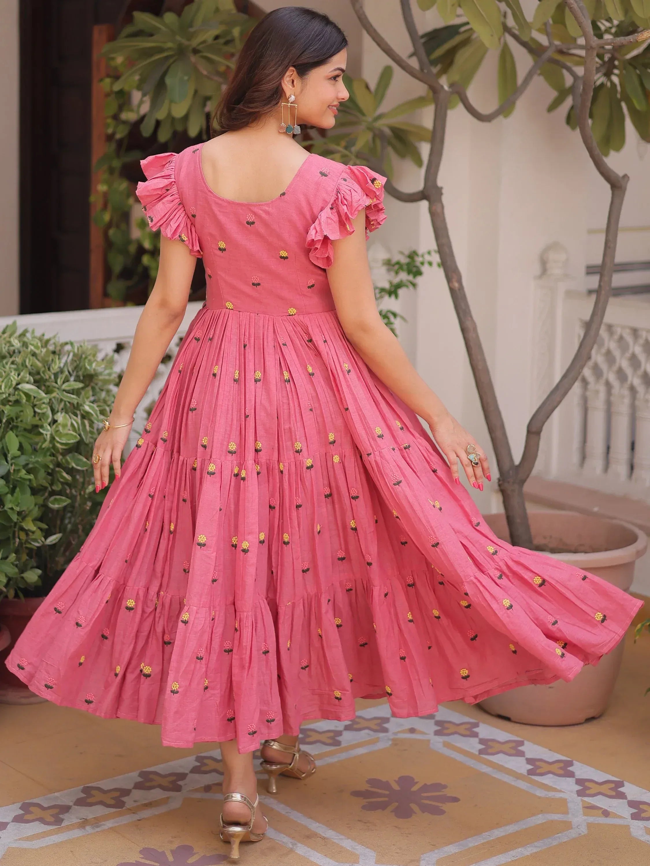 Pretty Pink Floral Embroidered Cotton Office Wear Dress