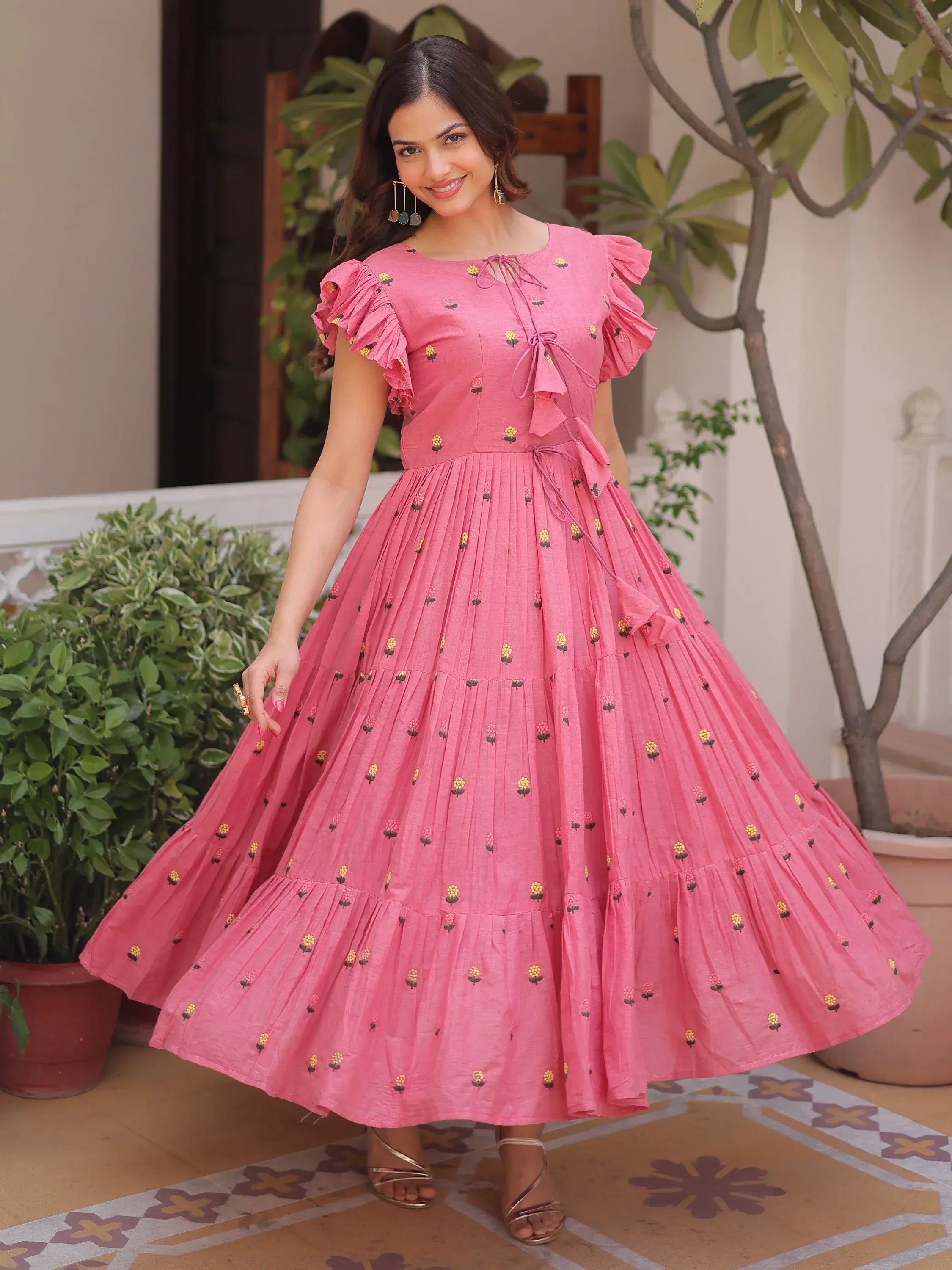 Pretty Pink Floral Embroidered Cotton Office Wear Dress
