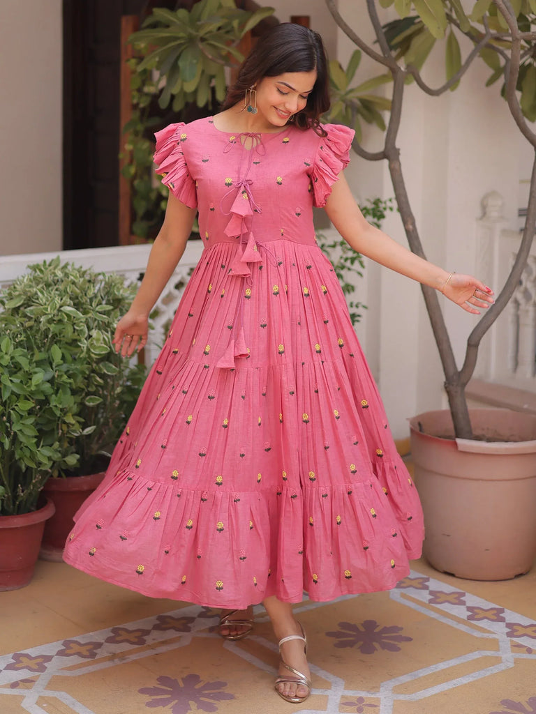 Pretty Pink Floral Embroidered Cotton Office Wear Dress