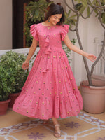 Pretty Pink Floral Embroidered Cotton Office Wear Dress