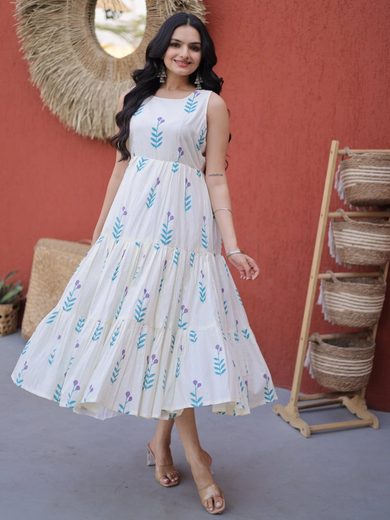 Fabulous Sky Blue Printed Cotton Daily Wear Dress