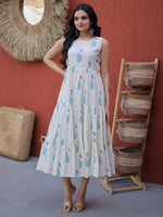 Fabulous Sky Blue Printed Cotton Daily Wear Dress